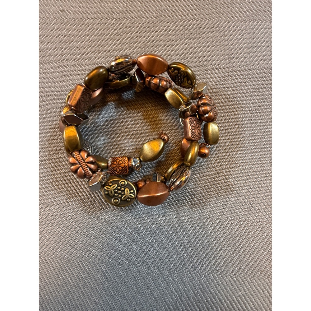 Mixed Metal Memory Wire Wrap Bracelet Boho Copper Brass Silver Tone Beaded Coil